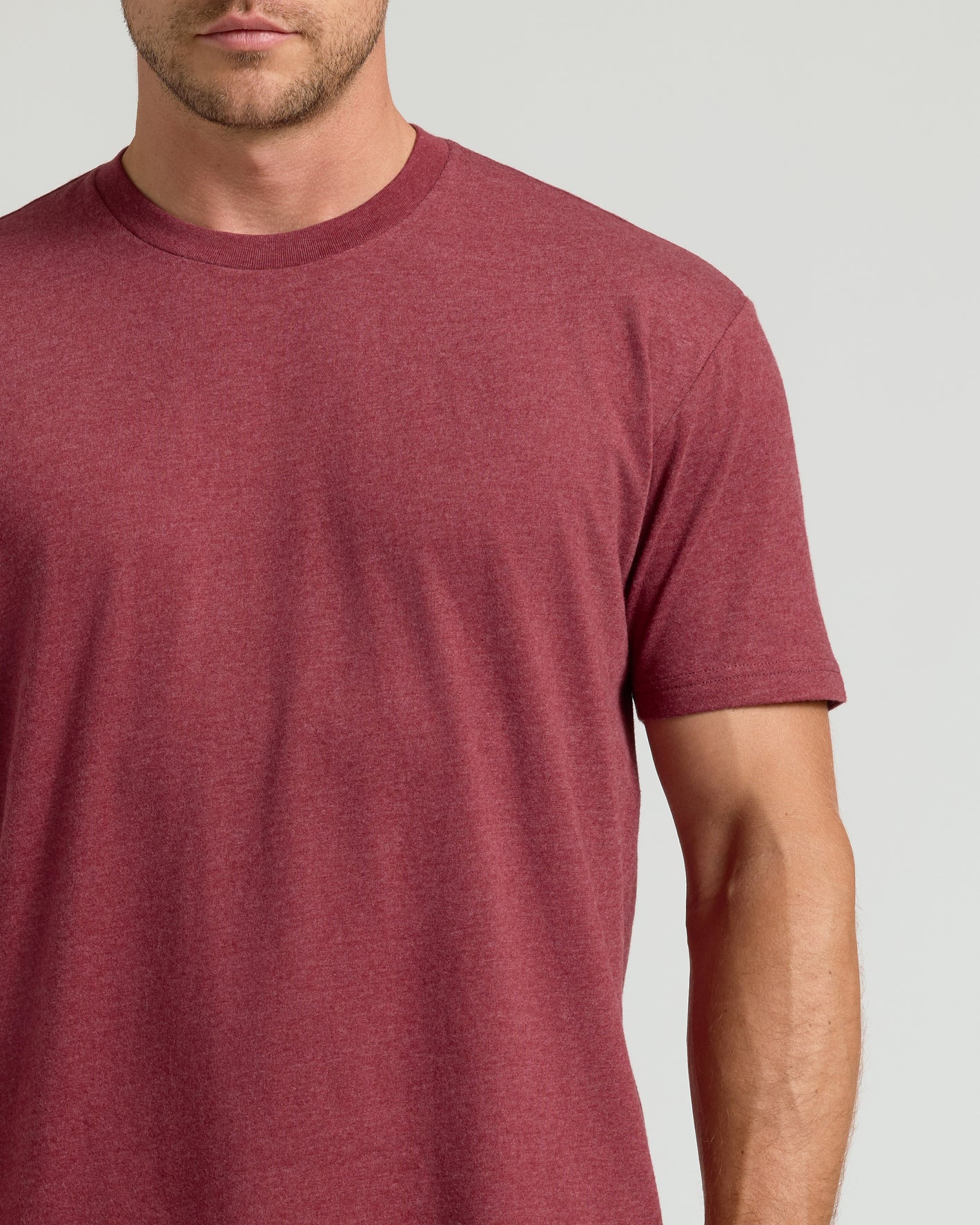 Dark Heather Claret Classic Crew Neck on model, showcasing fit and fabric.
