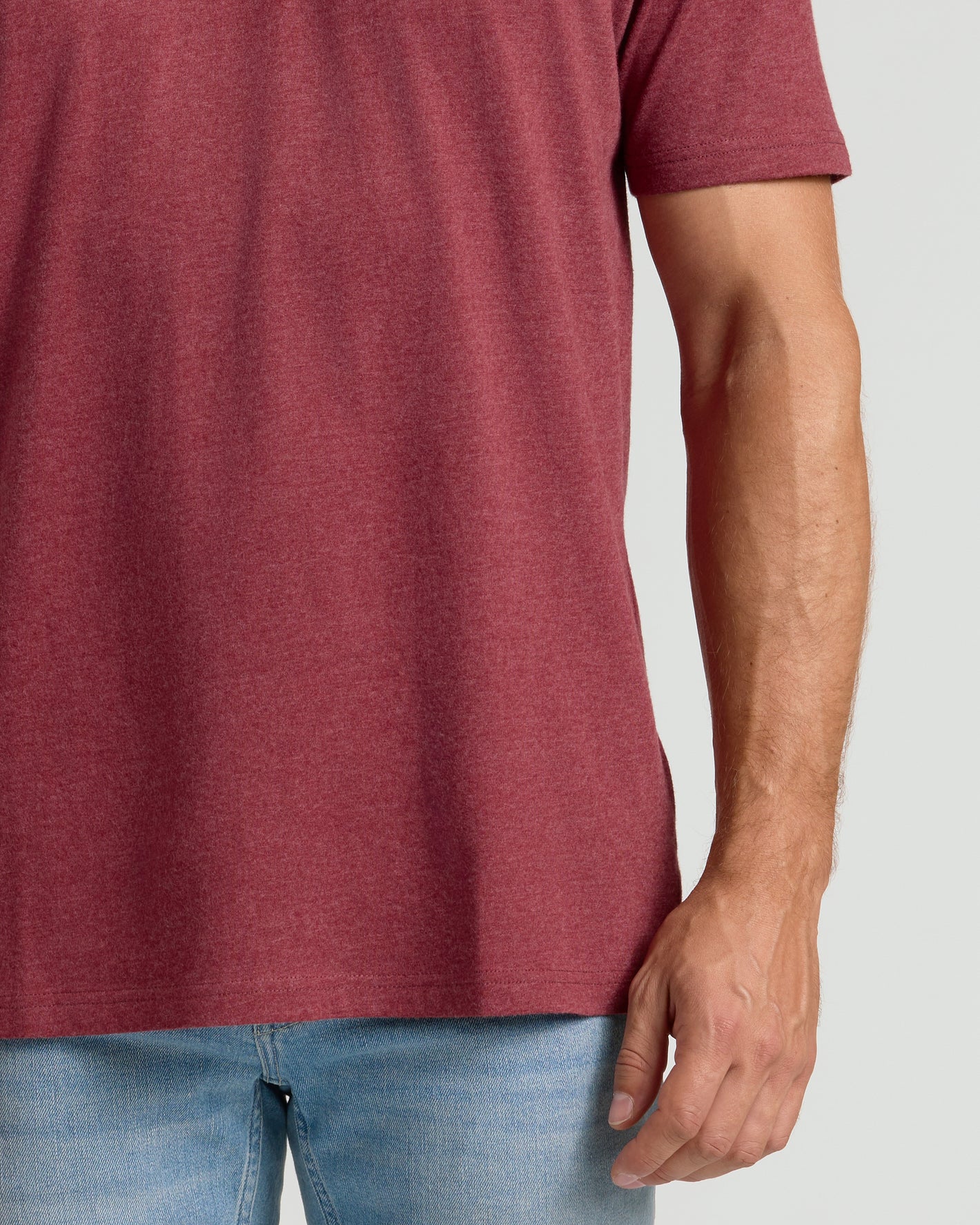 Dark Heather Claret Classic Crew Neck T-shirt worn with jeans.