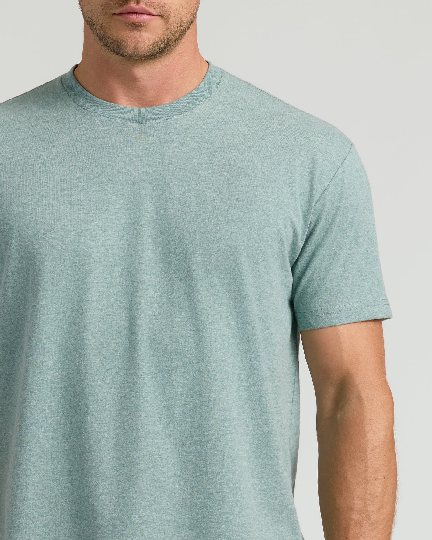 Heather Balsam Classic Crew Neck on a man, short-sleeve fit.
