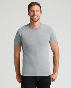 True ClassicMan wearing Classic Crew 4-Pack heather-gray T-shirt, smiling.