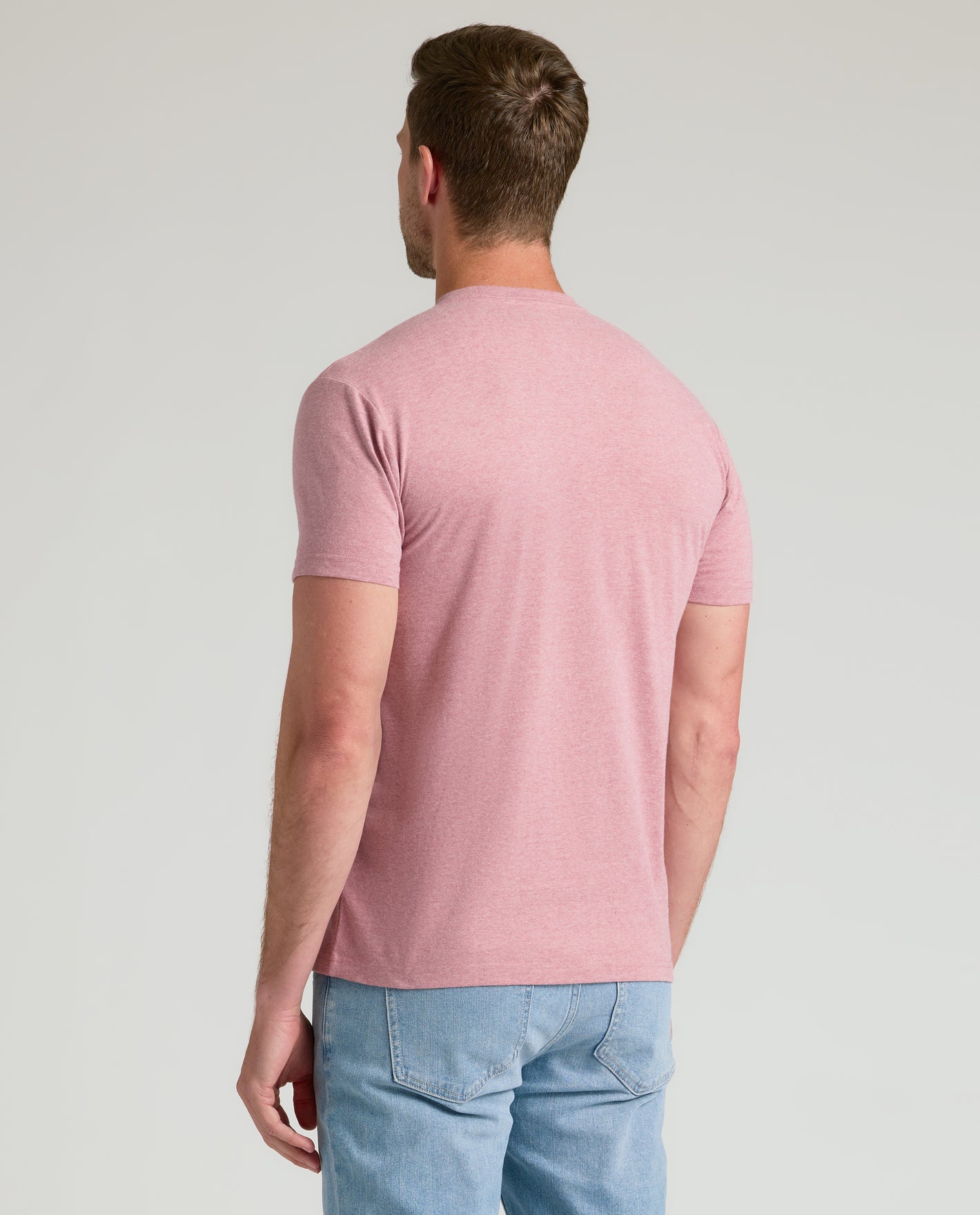 Back view of Light Heather Boysenberry Classic Crew Neck on man.
