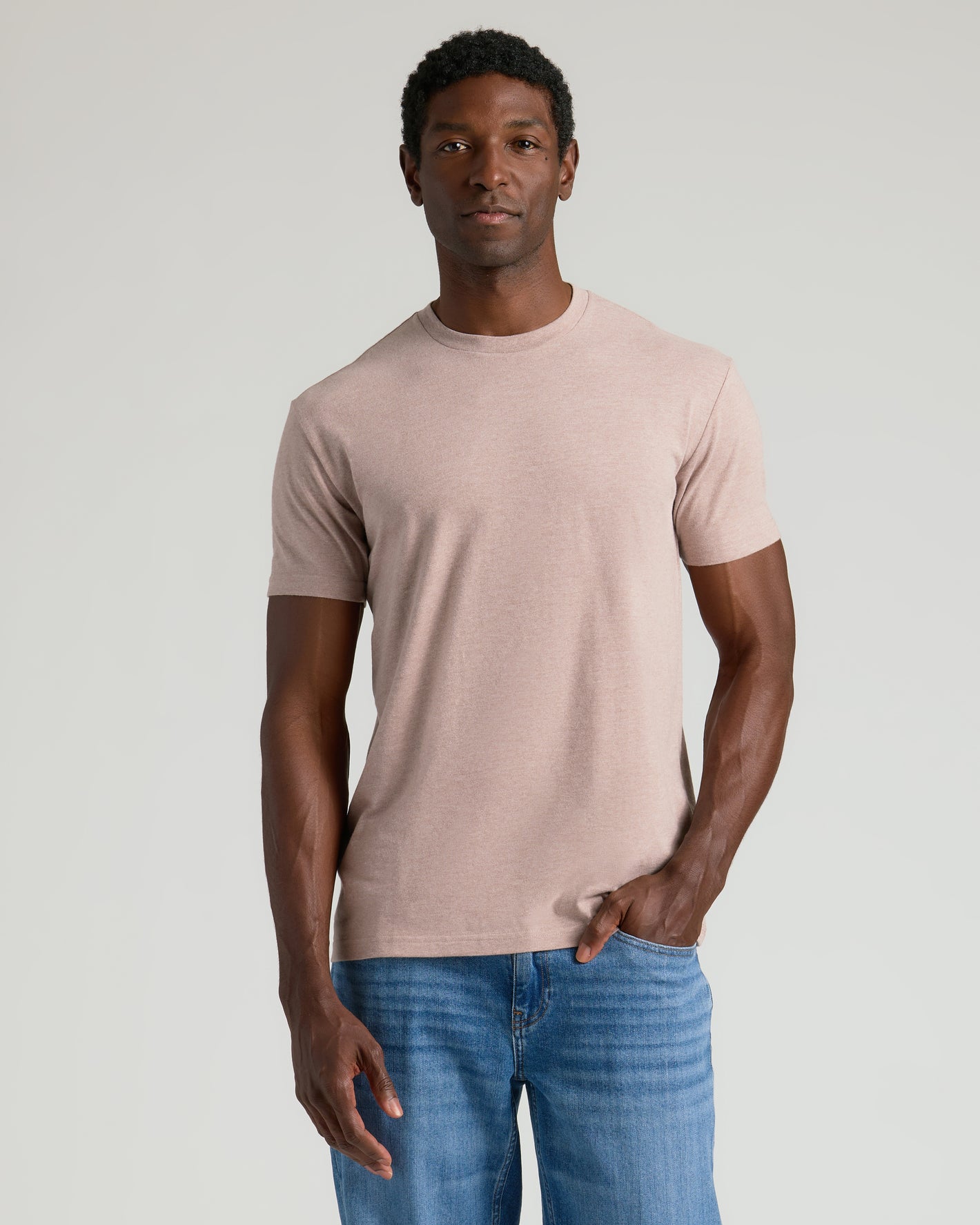 Man wearing Light Heather Slate Mauve Classic Crew Neck t-shirt.