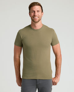 True ClassicCrew Core Sleeve Variety 6-Pack: man in olive T-shirt, gray pants.