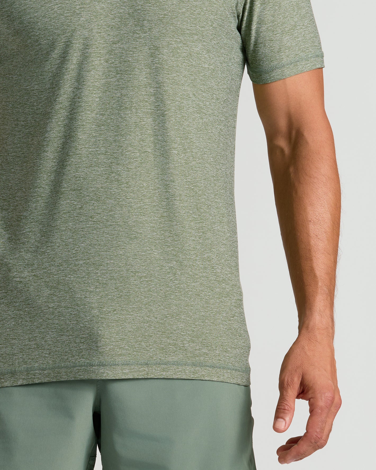 Heather Juniper Active Crew Neck Tee shown with athletic shorts.