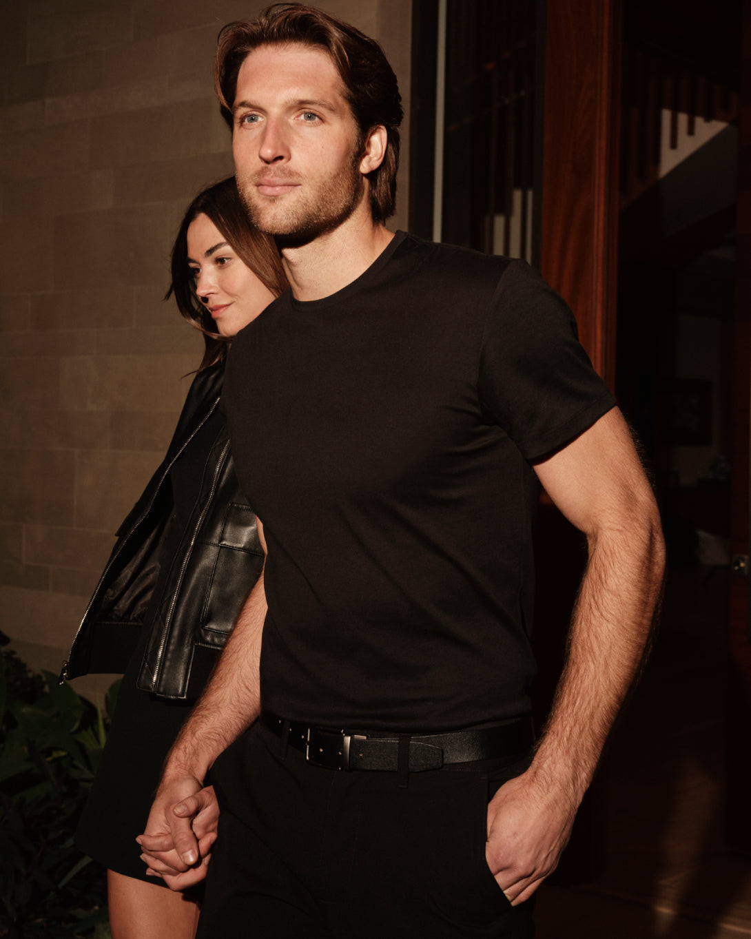 Couple wearing Black Tall Premium Pima Crew Neck, stylishly stepping out.