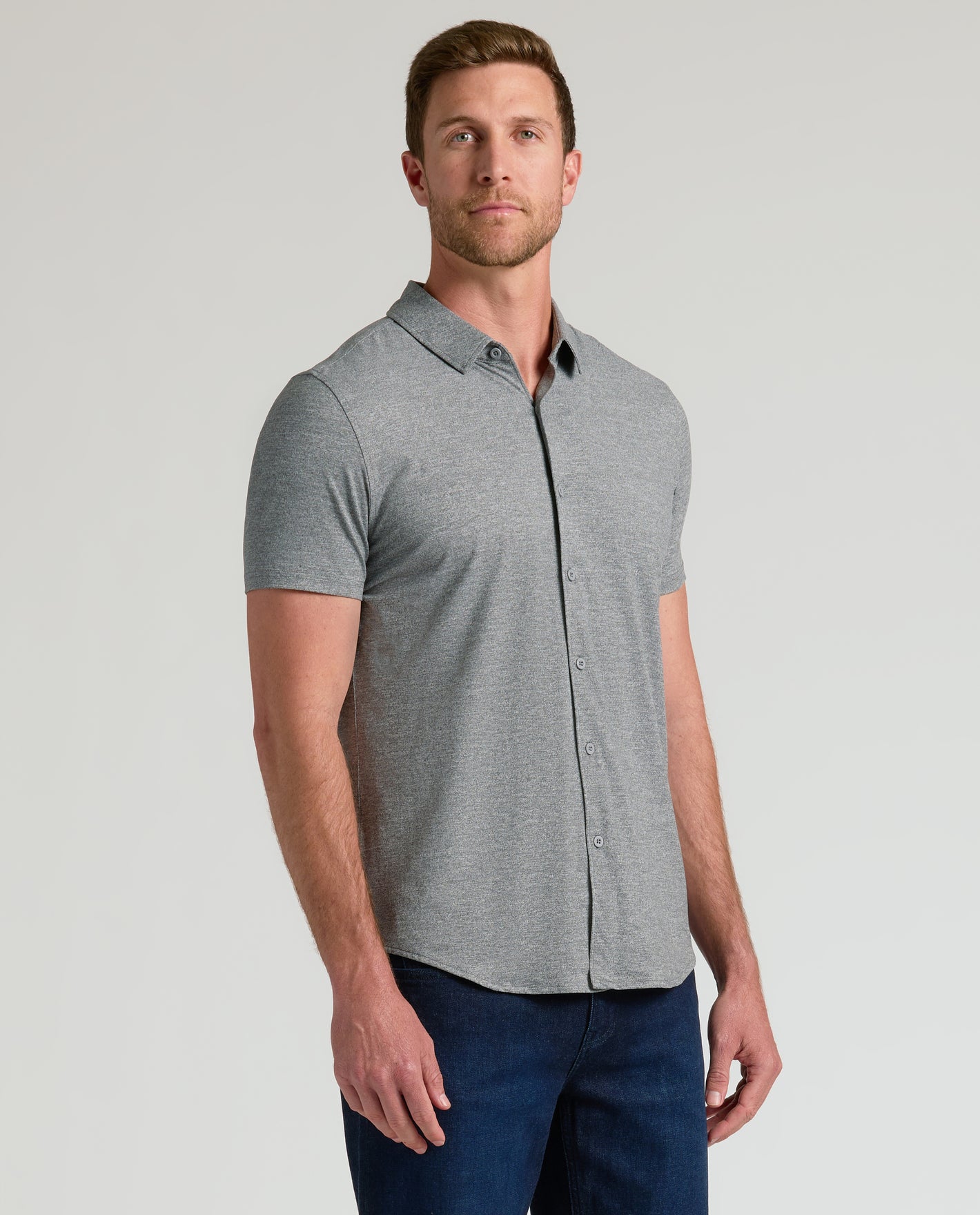 Model wearing Short Sleeve Comfort Knit Shirt, showcasing fit and style.