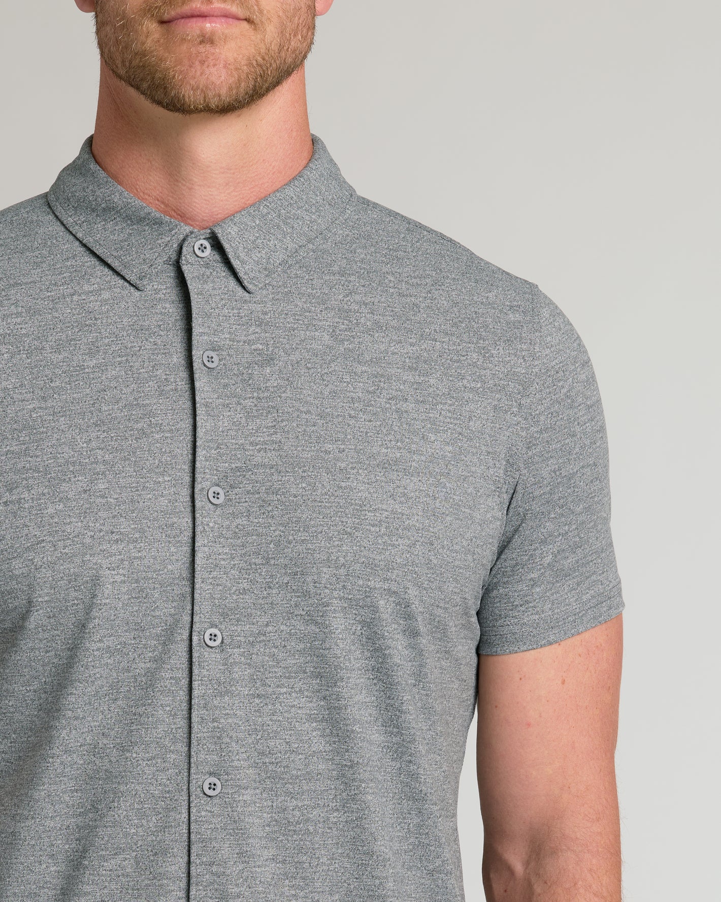 Heather Gray Short Sleeve Comfort Knit Shirt on man, showing collar and placket.