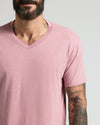 Light Heather Boysenberry Classic V-Neck on man with tattoos and beard.