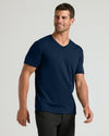 Man wearing Navy Premium Pima V-Neck, showcasing tailored fit and comfort.