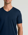 Man in Navy Premium Pima V-Neck T-shirt, tailored fit.