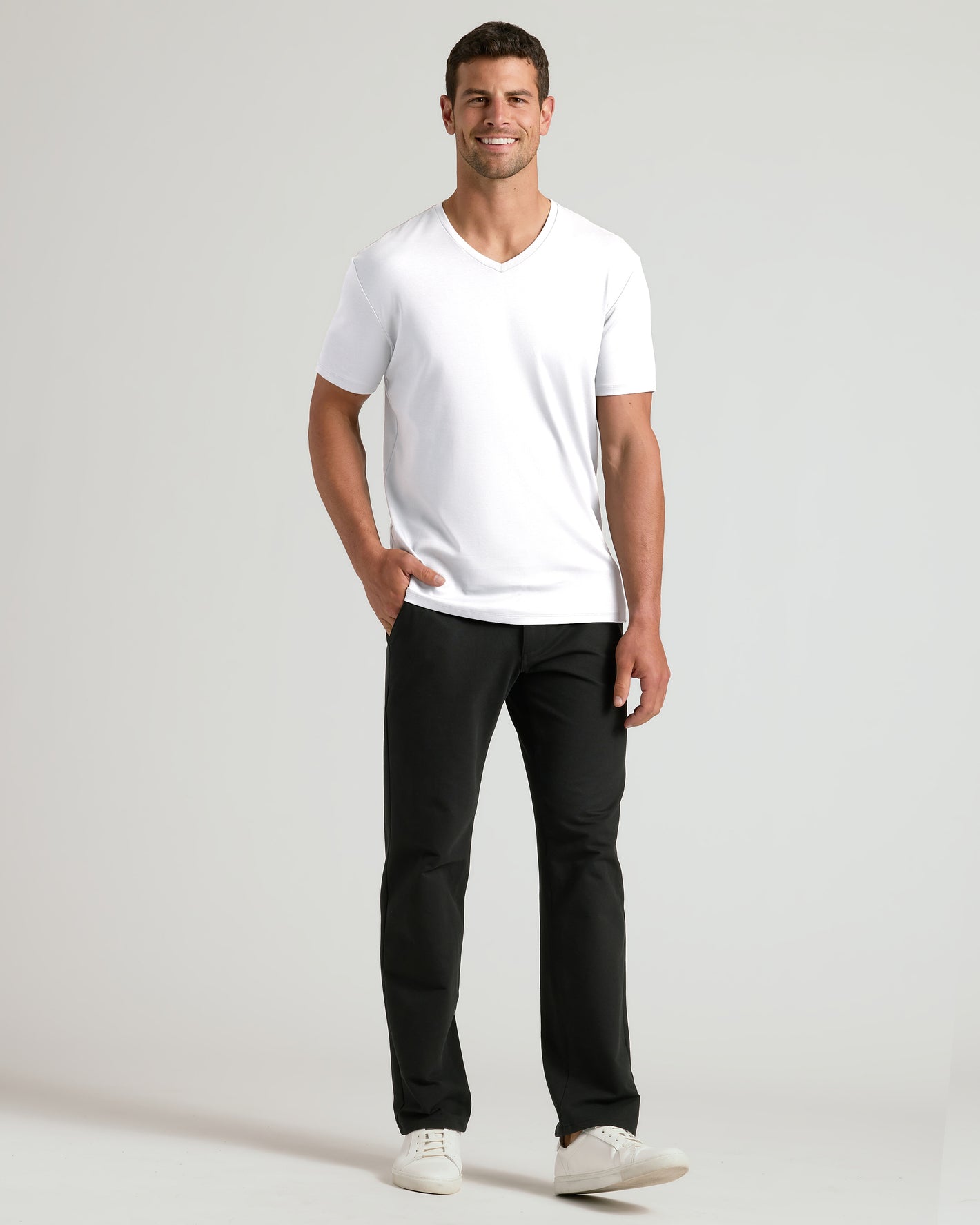 Man wearing Black & White Premium Pima V-Neck 4-Pack.
