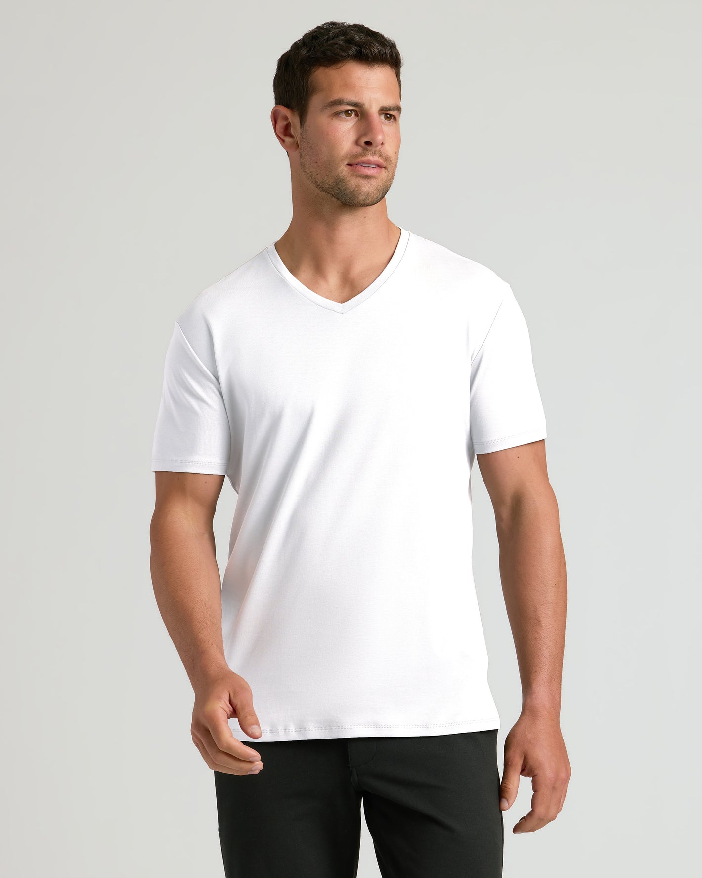 Man wearing Steel White Pima V-Neck 2-Pack against plain background.