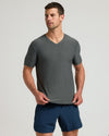 Model wearing Charcoal Heather Gray Active V-Neck, showcasing athletic fit and style.
