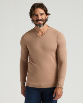 Man wearing Truffle & Blueberry Dressy V-Neck Sweater 2-Pack.