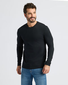 True ClassicMan wearing Classic Long Sleeve Crew 3-Pack, black shirt, blue jeans.