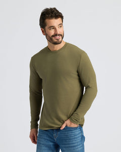 True ClassicMan in Classic Long Sleeve 3-Pack, olive-green, smiling, hand in pocket.