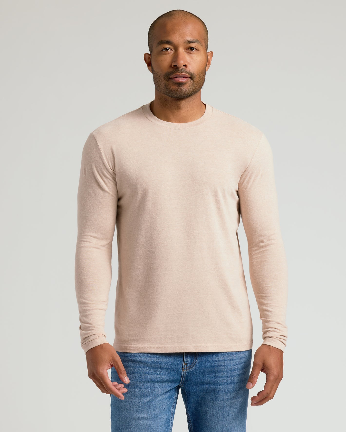 Heather Camel Classic Long Sleeve Crew Neck on man, neutral background.