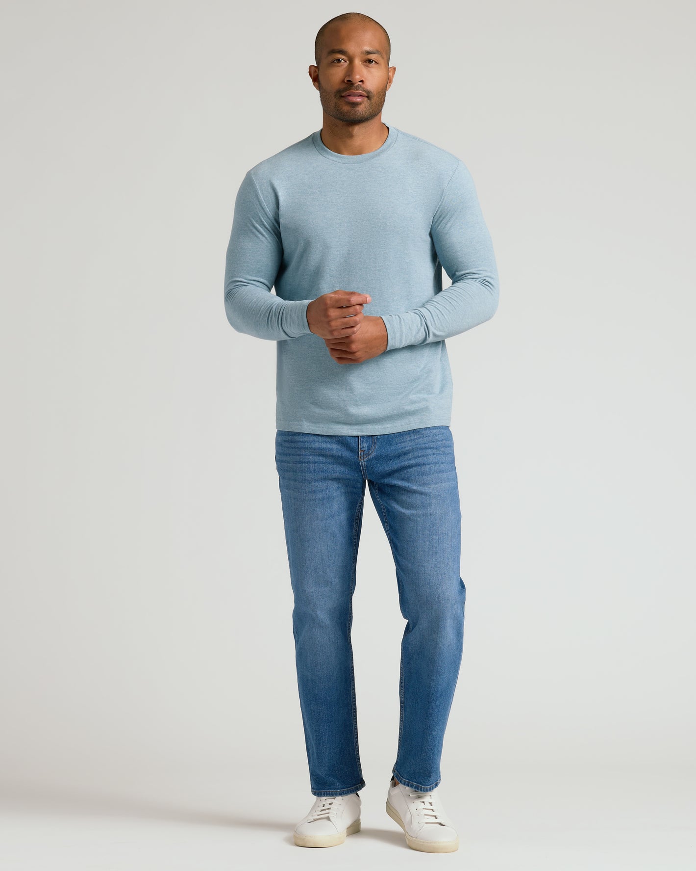 Heather Sapphire Classic Long Sleeve Crew Neck worn by adult male.