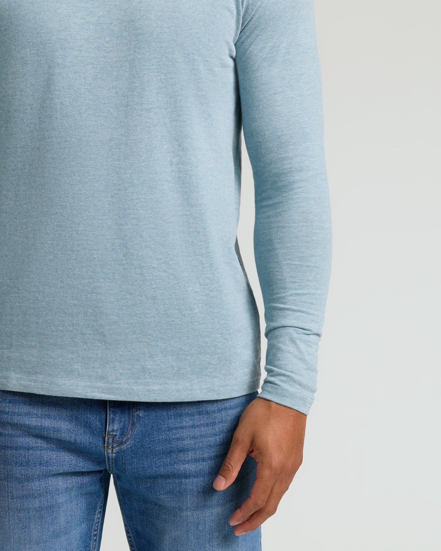 Seasonal Classic Long Sleeve Henley, light-blue, shown with right arm visible.