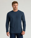 Model in navy Classic Long Sleeve Crew Neck, wearing dark jeans.