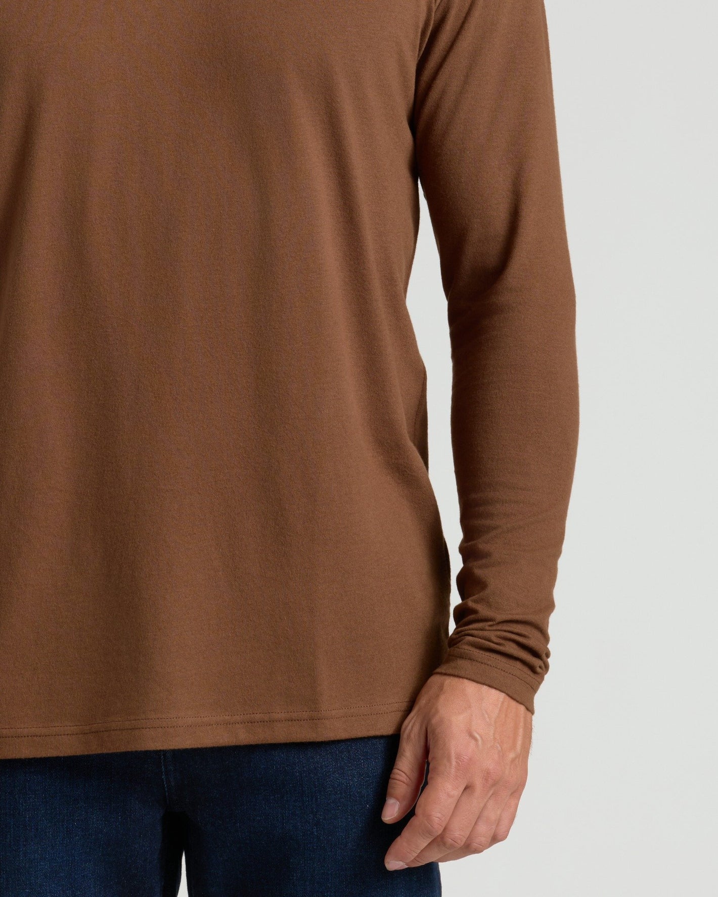 Sepiawood Classic Long Sleeve Crew Neck on person with relaxed fit.