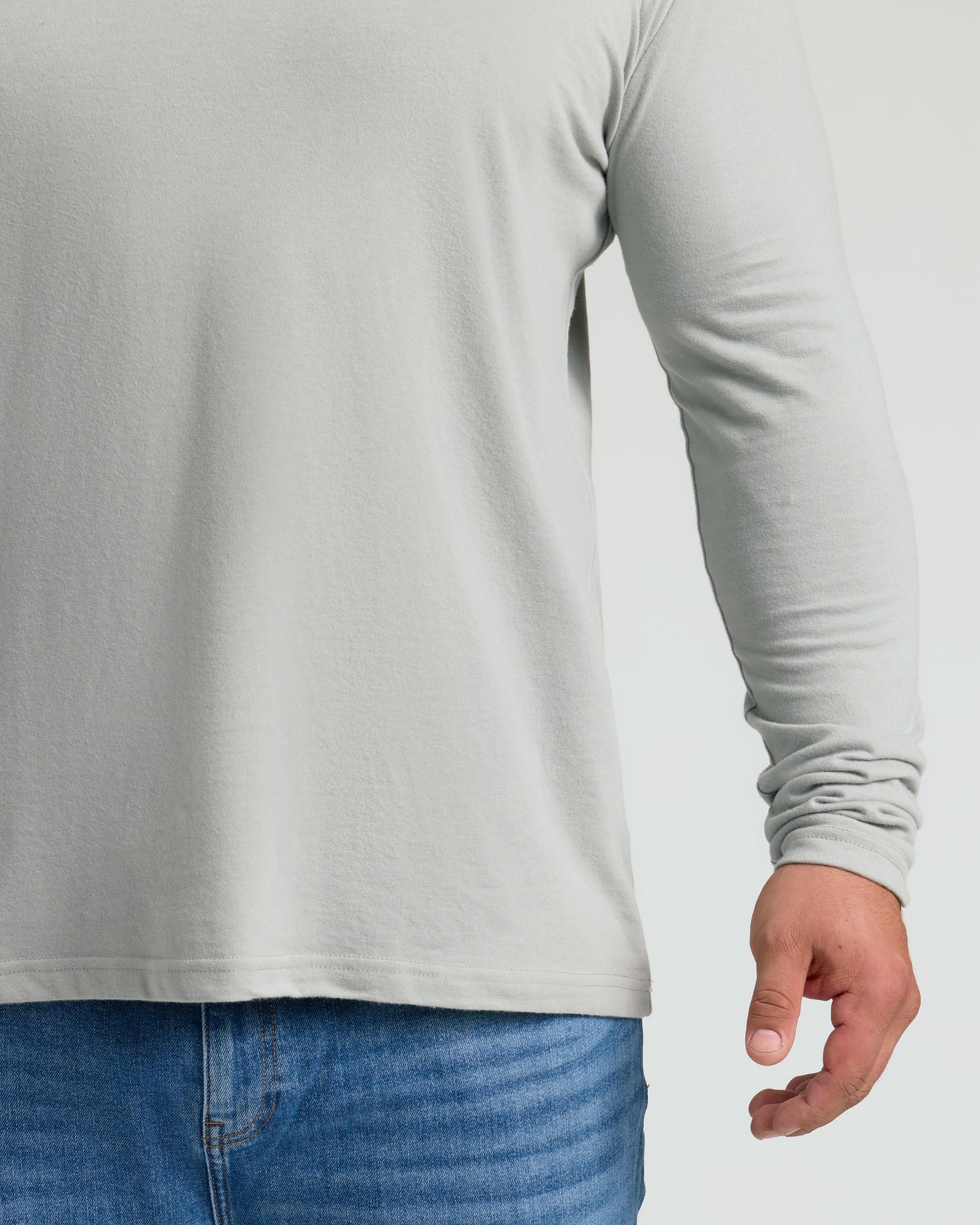 Steel Classic Long Sleeve Crew Neck on male torso, light gray.
