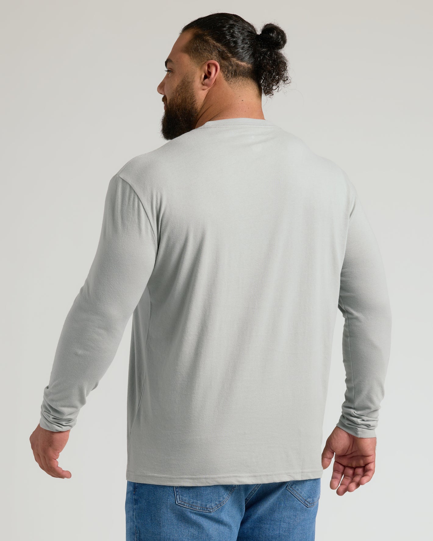 Back view of man in Steel Classic Long Sleeve Crew Neck.