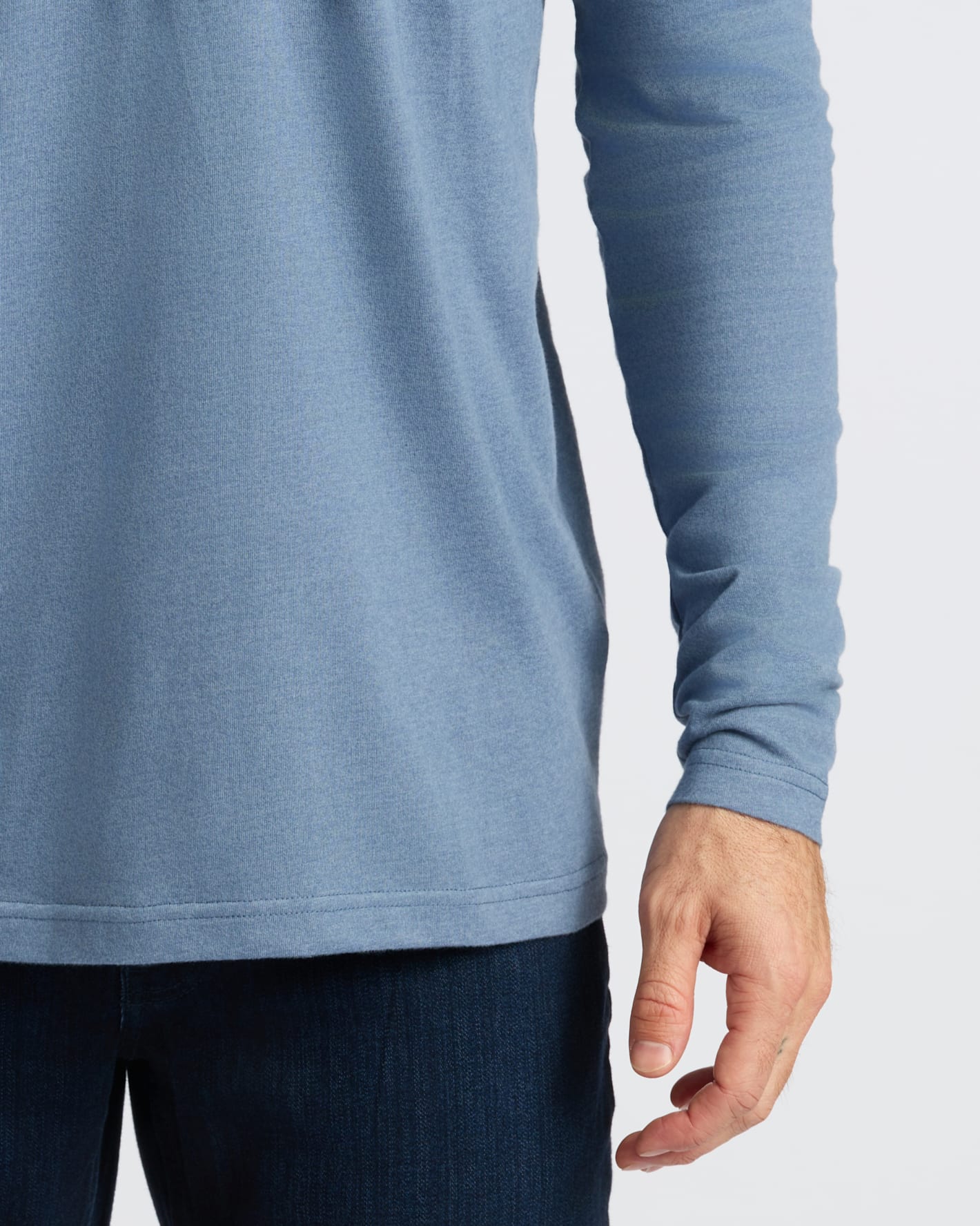 Dark Heather Vintage Navy Classic Long Sleeve Henley worn with jeans.