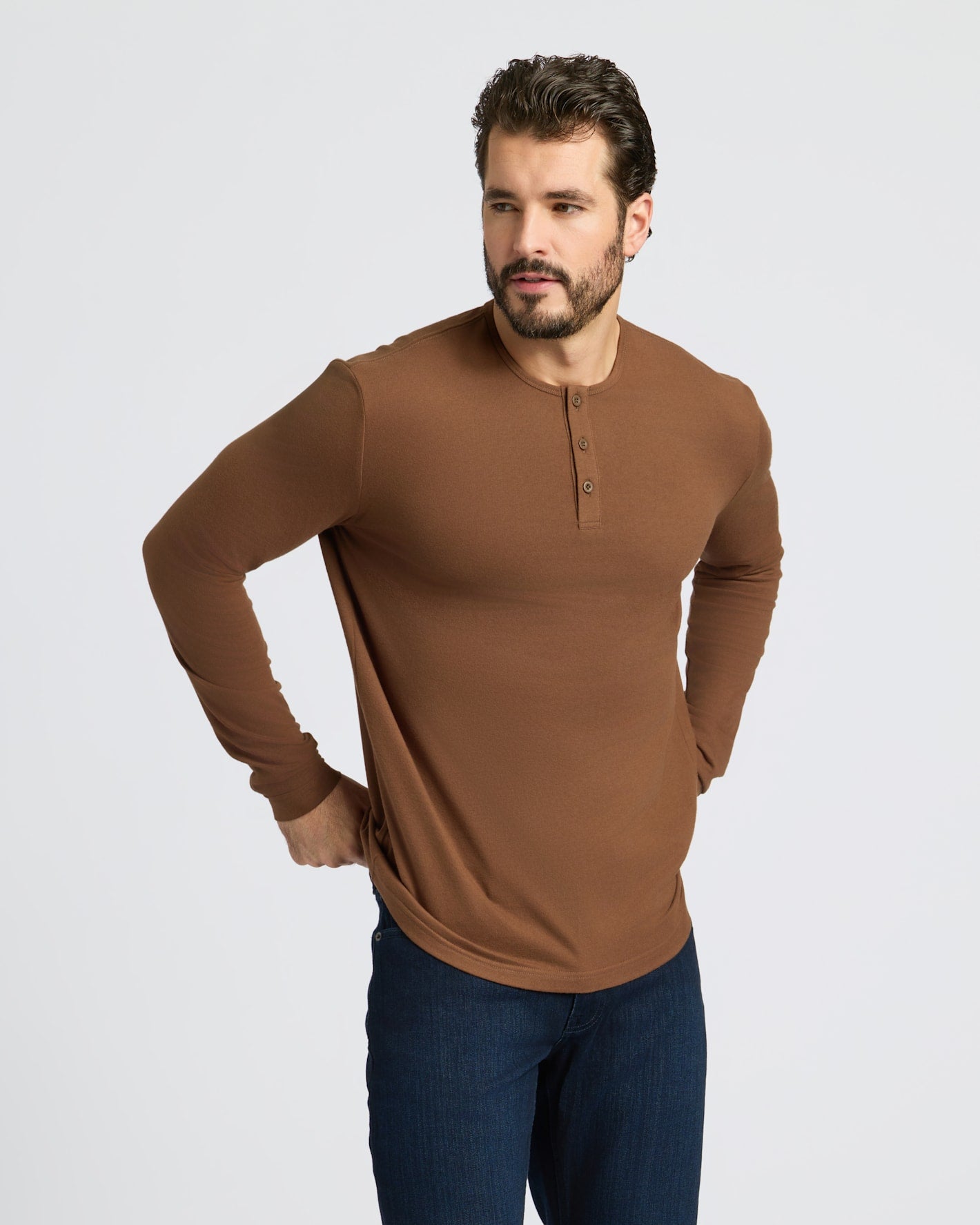 Sepiawood Classic Long Sleeve Henley with jeans, showcasing a casual look.