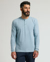 Heather Sapphire Classic Long Sleeve Henley worn by a bearded man.