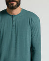 Heather Seafarer Classic Long Sleeve Henley worn by man, showcasing fit.