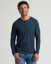 Classic Henley 3-Pack modeled in a relaxed pose, showcasing the navy shirt.