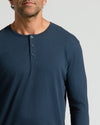 Man wearing Navy Classic Long Sleeve Henley, featuring a three-button placket.