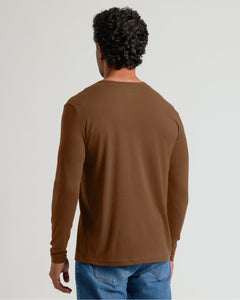 True ClassicBack view of Sepiawood Classic Long Sleeve Henley on man.