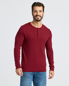 True ClassicMale model wearing Dark Maroon Waffle Long Sleeve Henley.