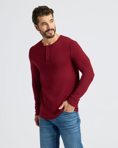 Waffle Long Sleeve Henley - Dark Maroon