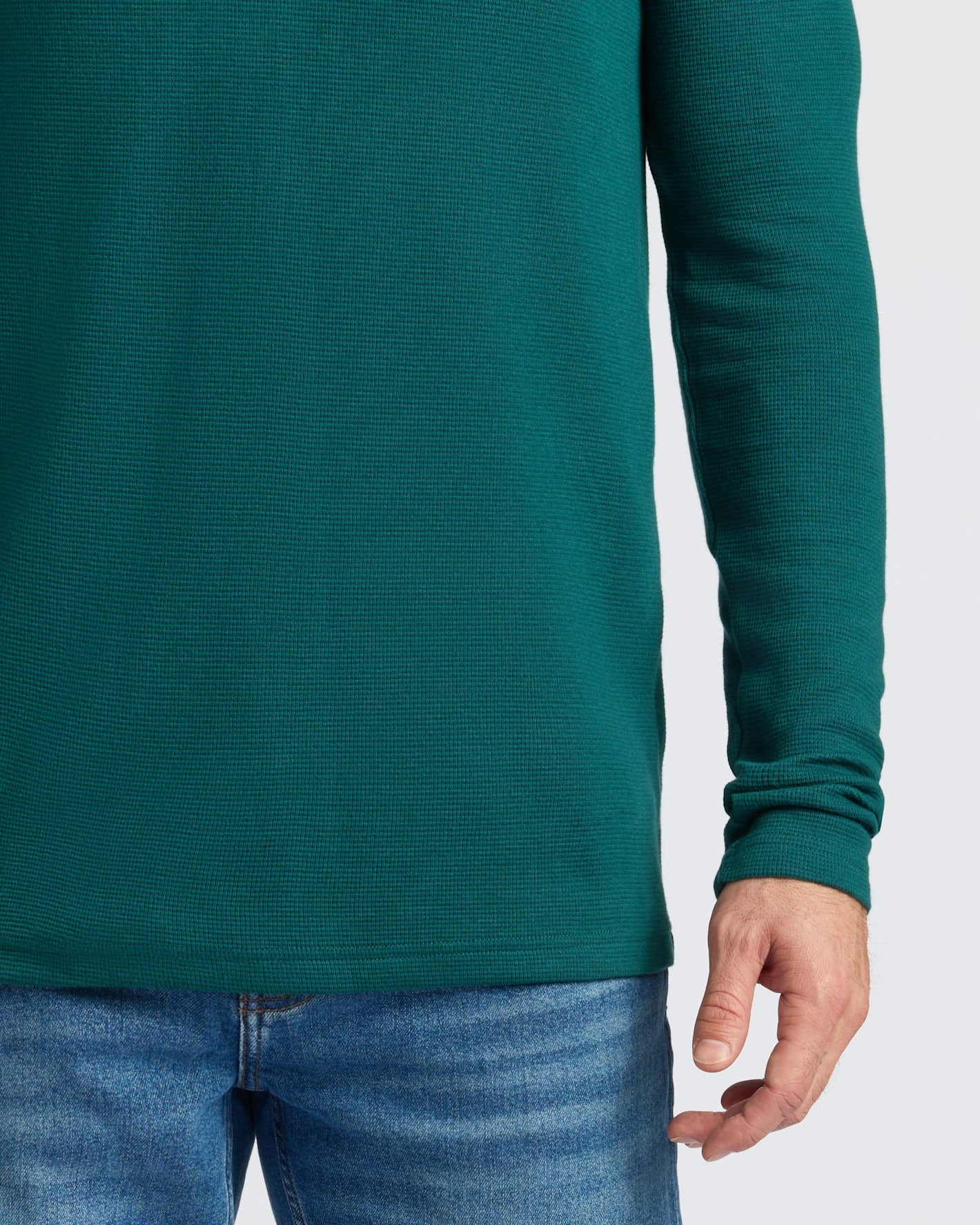 Deep Emerald Waffle Long Sleeve Henley with textured knit and 3-button placket.