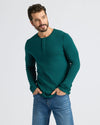 Man wearing Seasonal Waffle Long Sleeve Henley, teal, with blue jeans.