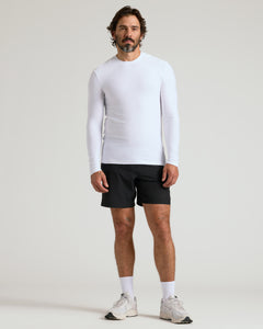 True ClassicModel in Active Long Sleeve Crew 3-Pack, white top, black shorts.