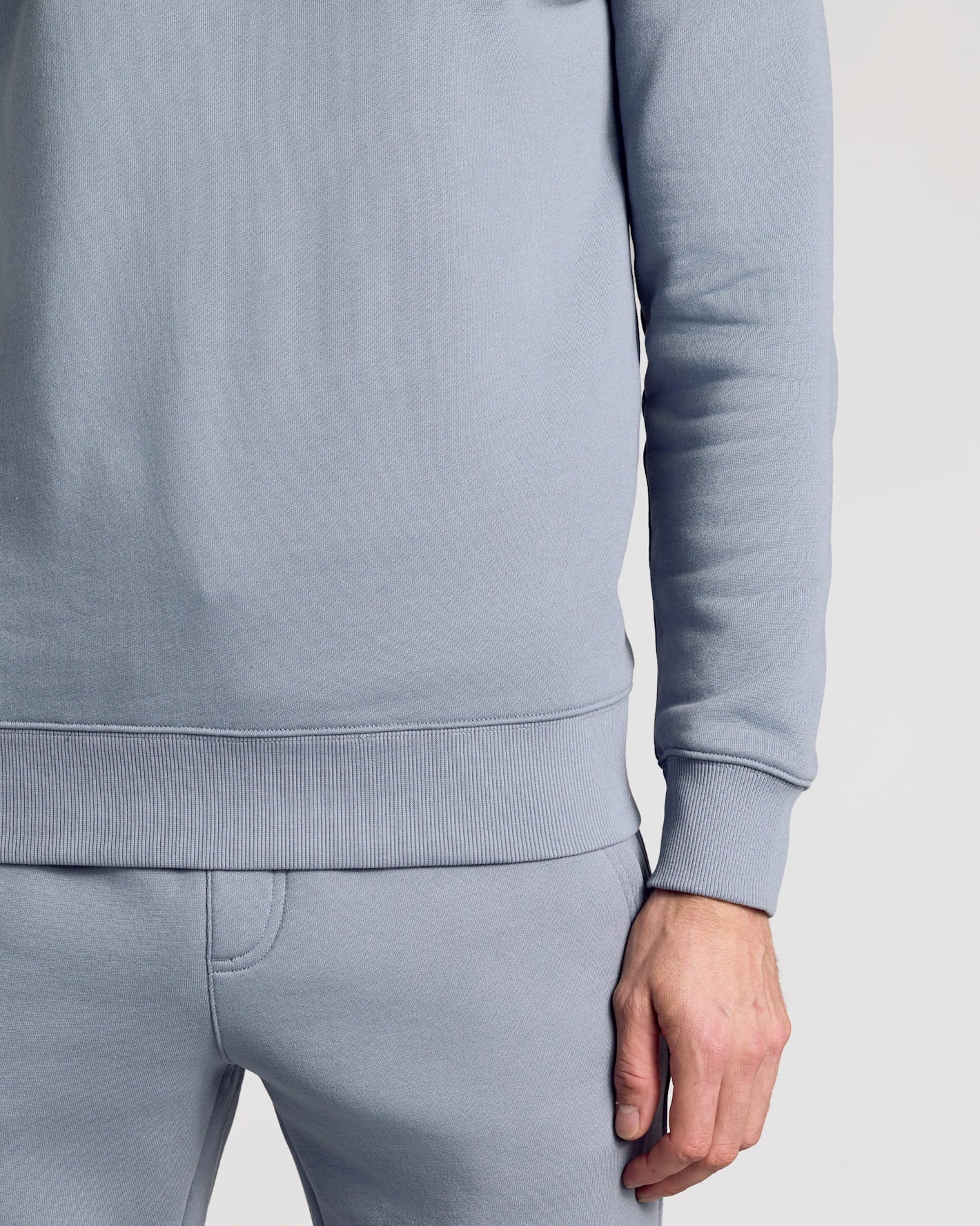 Dusty Blue Fleece French Terry Pullover Crew Neck with ribbed hem.