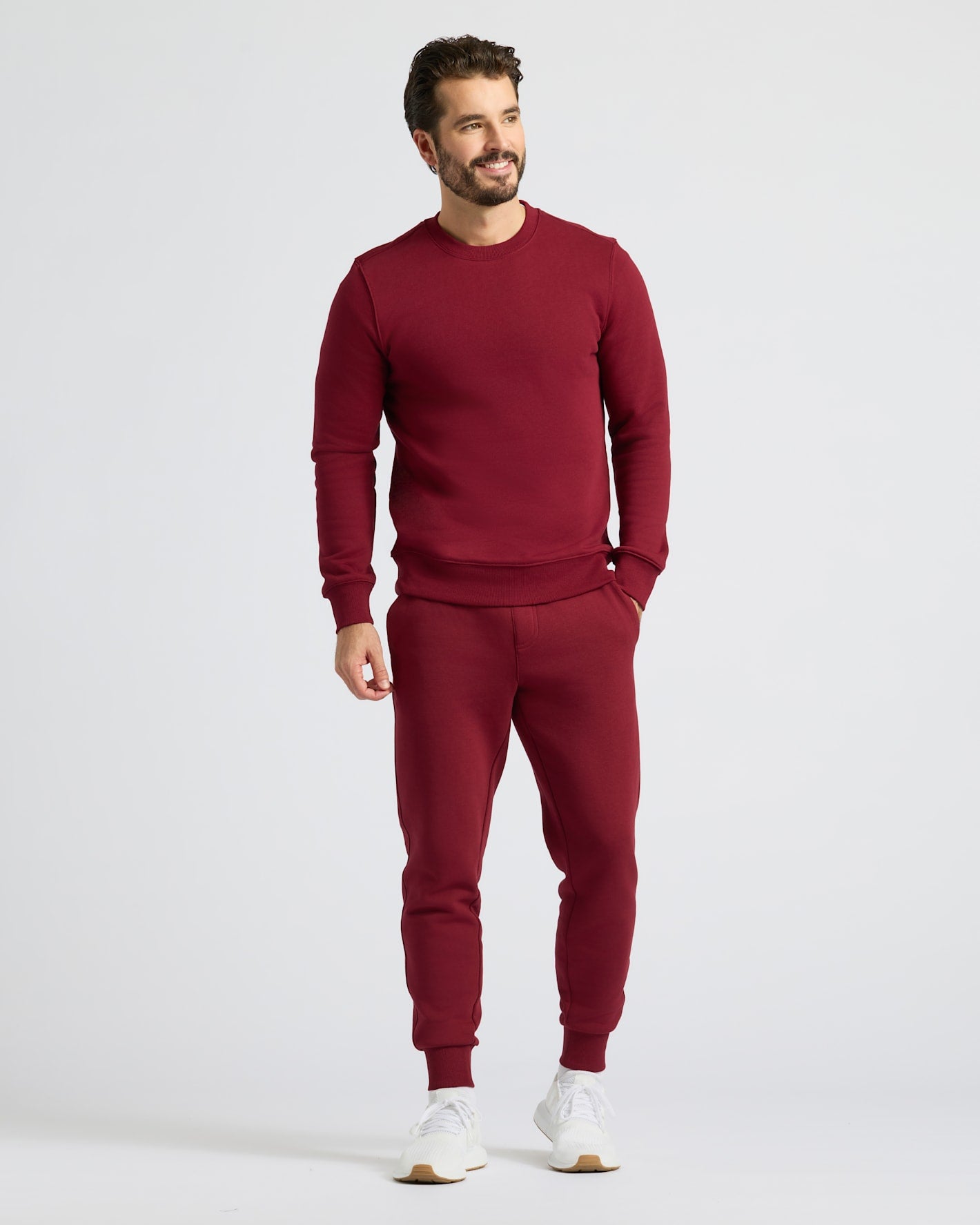 Man wearing Dark Maroon Pullover Fleece Crew & Jogger 2-Pack.