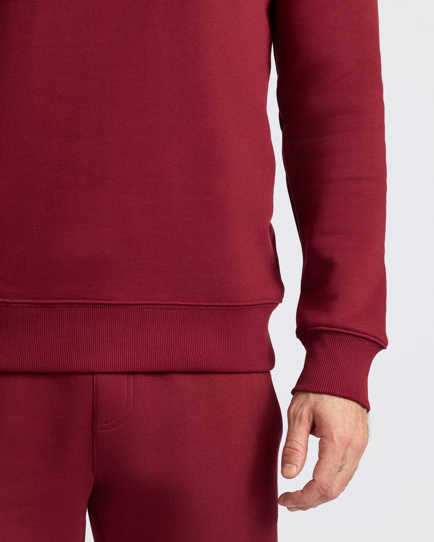 Dark Maroon Fleece French Terry Pullover Crew Neck worn closely.