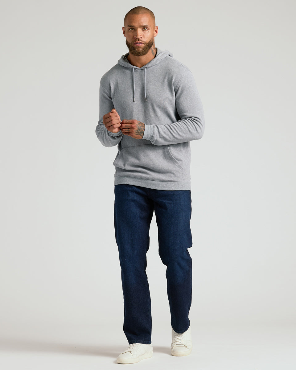 Heather Gray & Navy Waffle Hoodie 2-Pack worn by man standing.