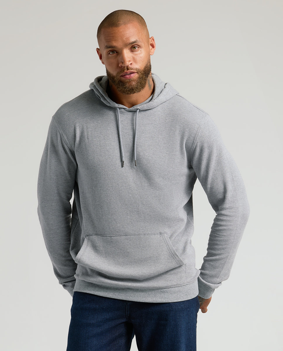 Male model in Heather Gray & Navy Waffle Hoodie 2-Pack.