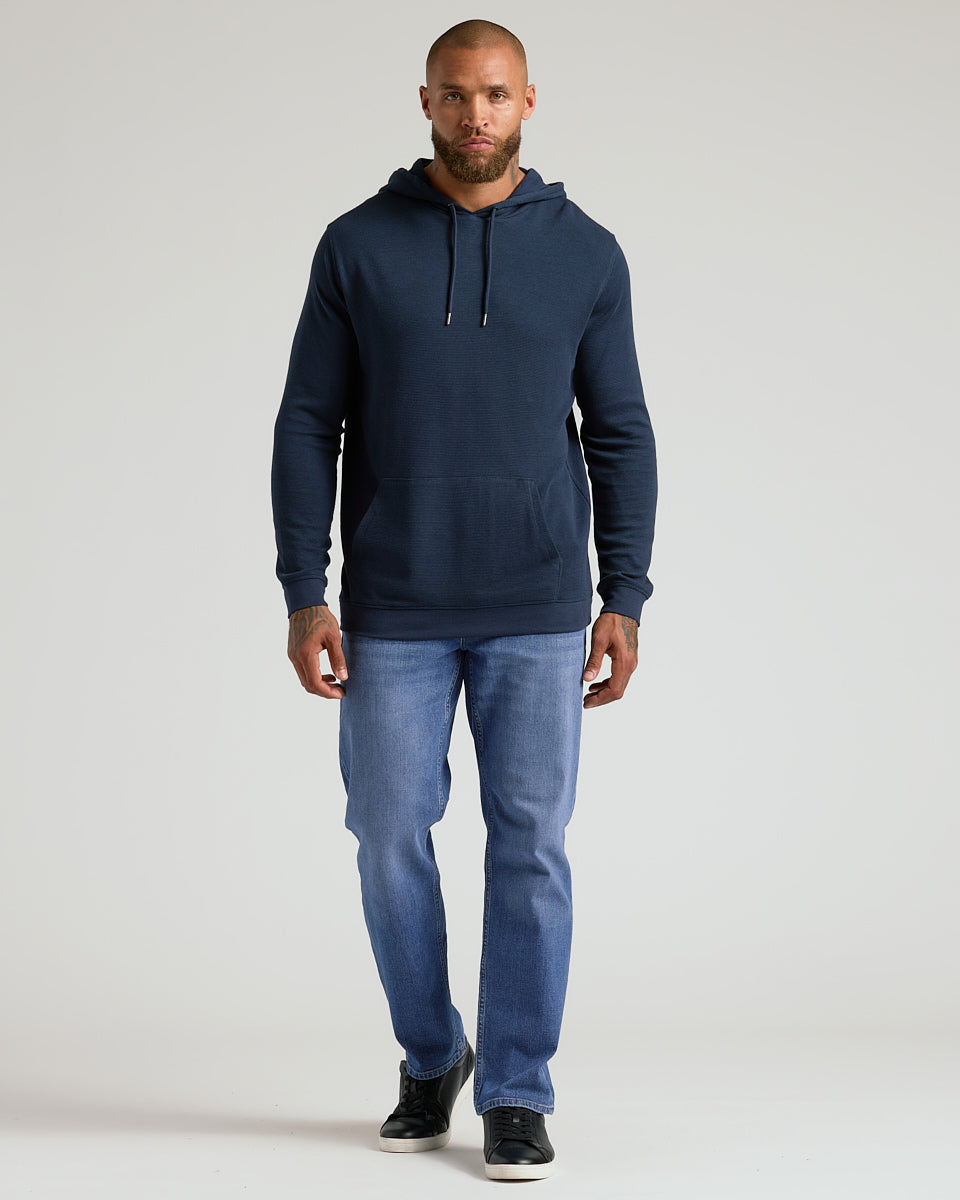 Heather Gray & Navy Waffle Hoodie 2-Pack on male model.