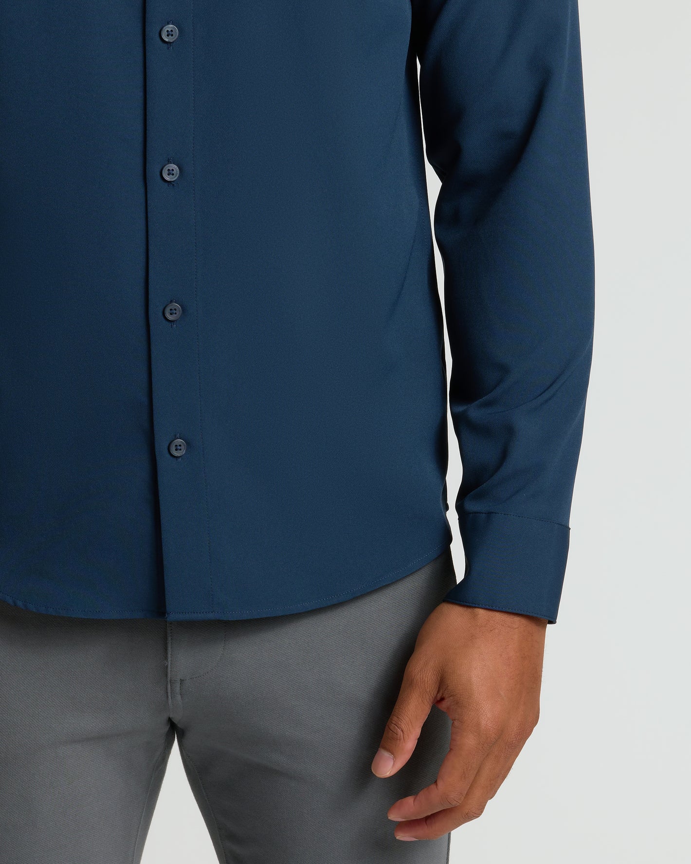 Navy Performance Long Sleeve Dress Shirt with button detail, slim fit.
