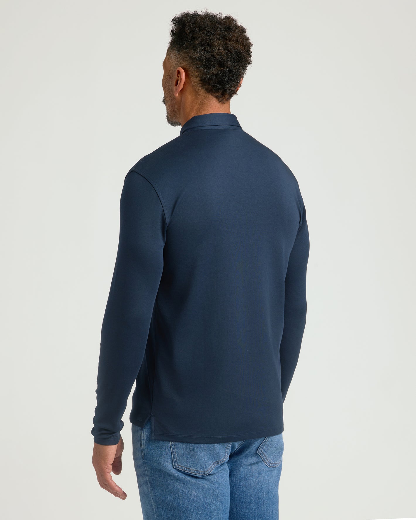 Rear view of All Navy Long Sleeve Premium Pima Polo.