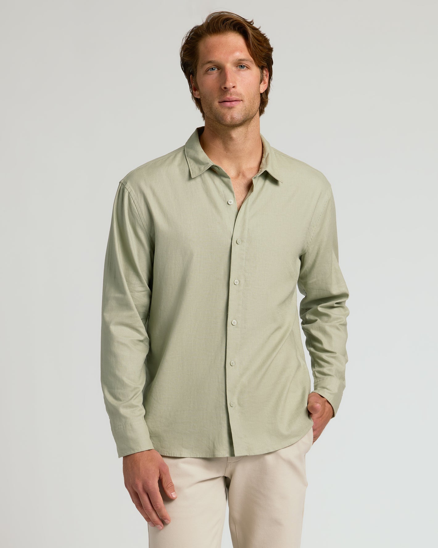Mossy Oak Long Sleeve Linen Shirt styled on a young man.