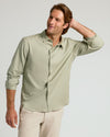 Mossy Oak Long Sleeve Linen Shirt on casually posed man.