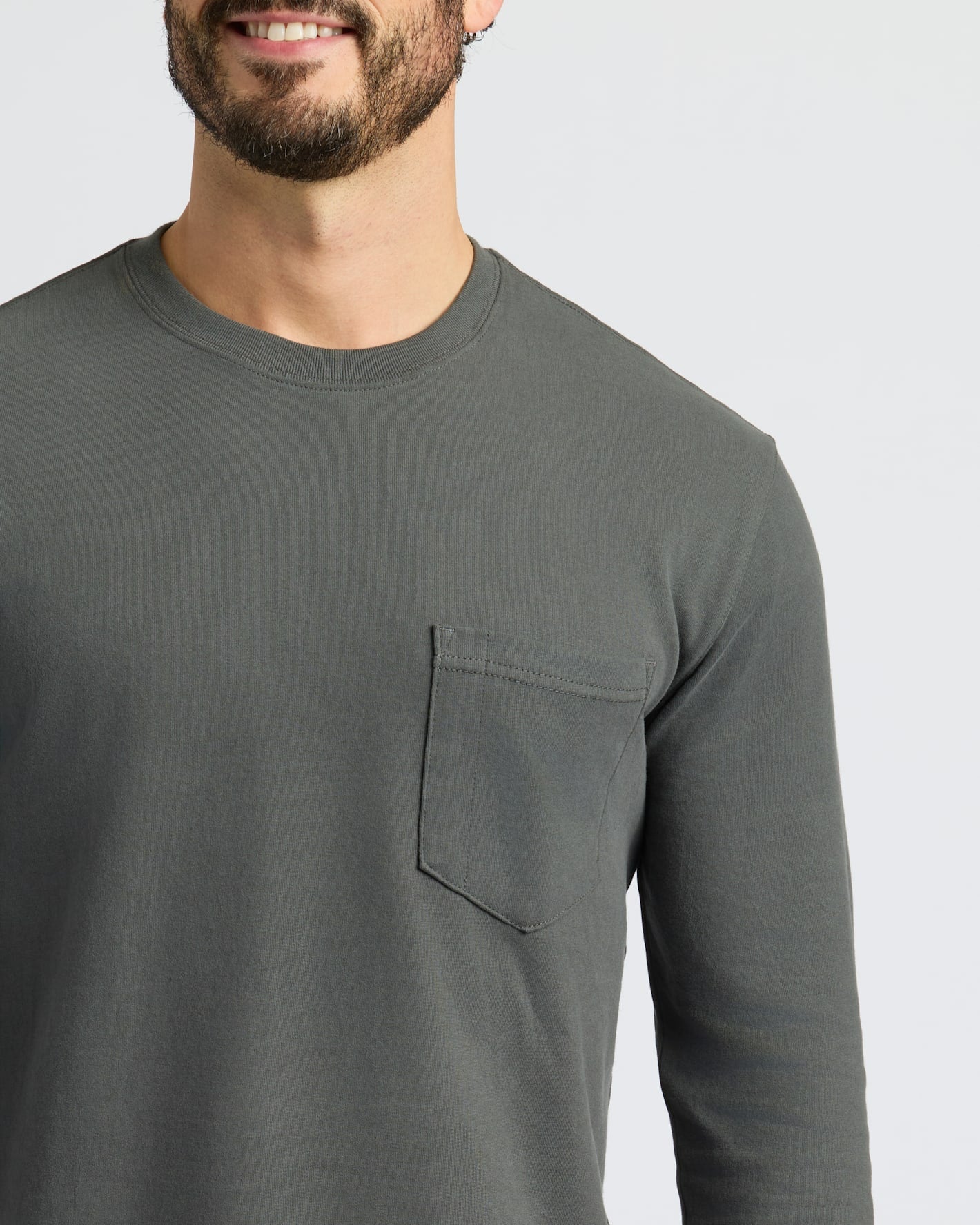 Carbon Heavyweight Long Sleeve Pocket Crew with chest pocket detail.